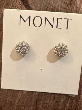 Monet Silver Crystal Pave Round Stud Earrings